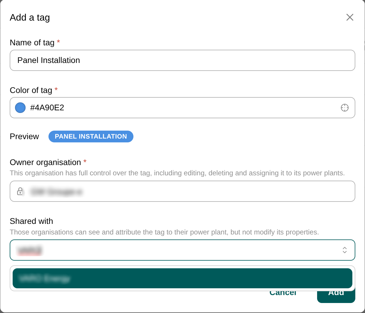 Dialog zum Hinzufügen eines Tags mit ausgefüllten Namens- und Farbfeldern
