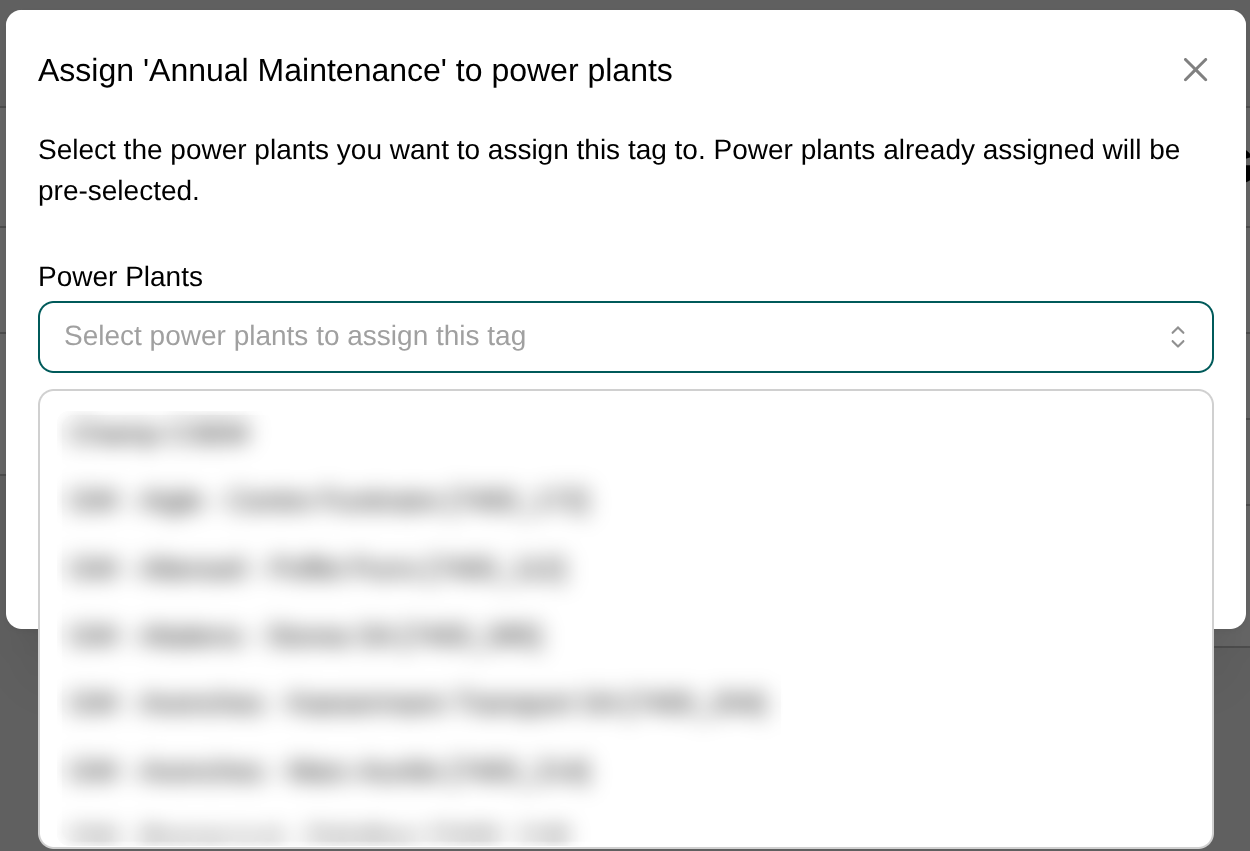 Dialog zum Zuweisen eines Tags zu Anlagen mit Anlagen-Dropdown