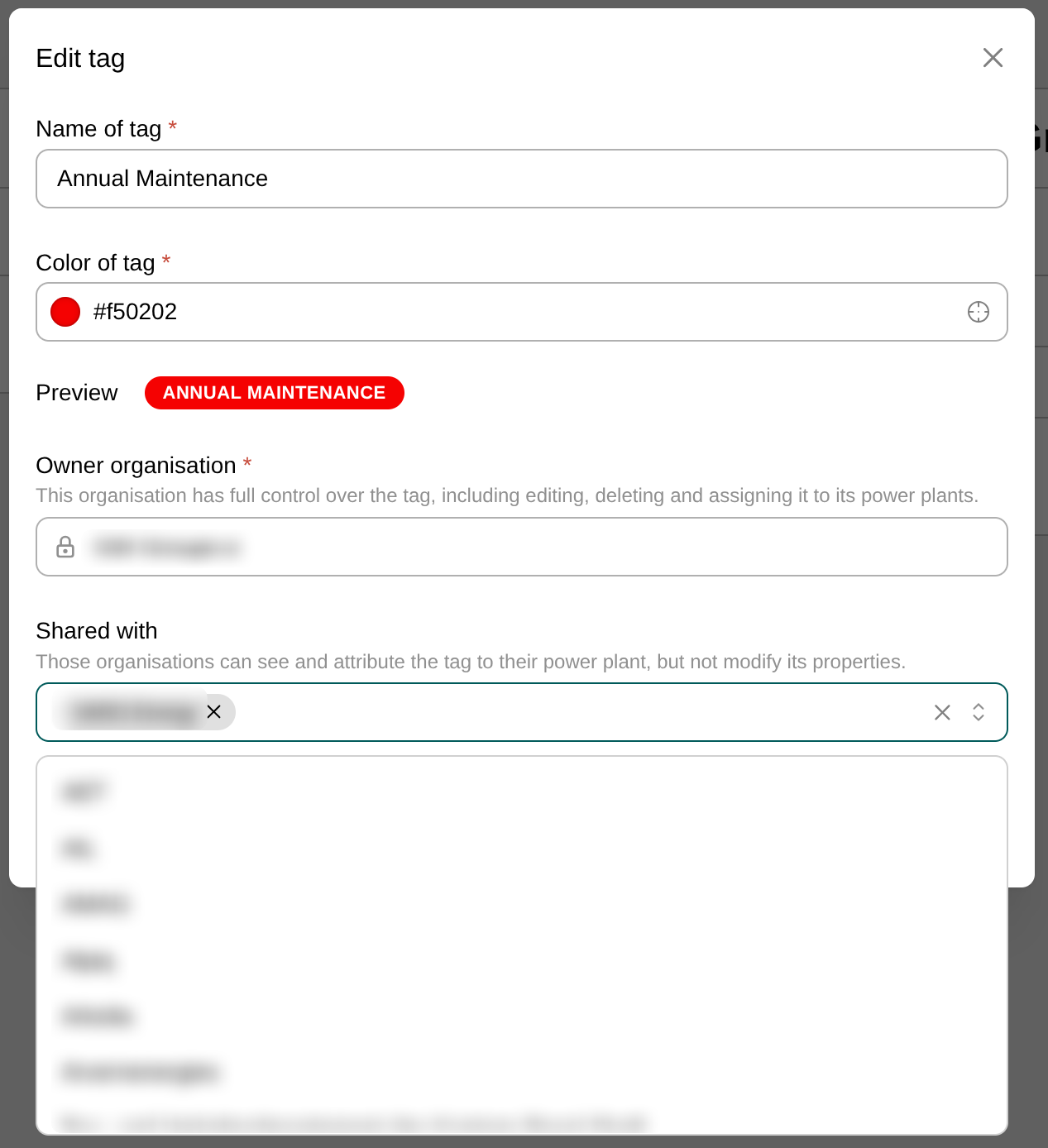 Dialogue de modification avec une autre organisation sélectionnée dans le menu déroulant Partagé avec